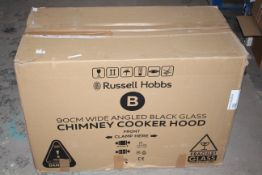 BOXED RUSSELL HOBBS 90CM WIDE ANGLED BLACK GLASS CHIMNEY COOKER HOOD RHGCH902B-MCondition