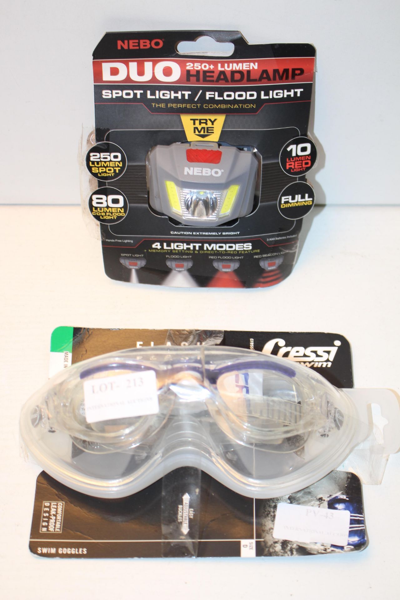 2X ASSORTED BOXED ITEMS TO INCLUDE CRESSI SWIM GOGGLES & NEBO DUO HEADLAMP SPOT LIGHT Condition