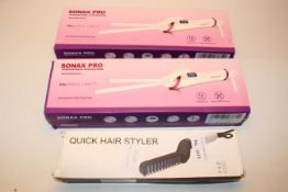 3X ASSORTED BOXED ITEMS TO INCLUDE SONAX PRO PROFESSIONAL CURLING IRONS & OTHER (IMAGE DEPICT