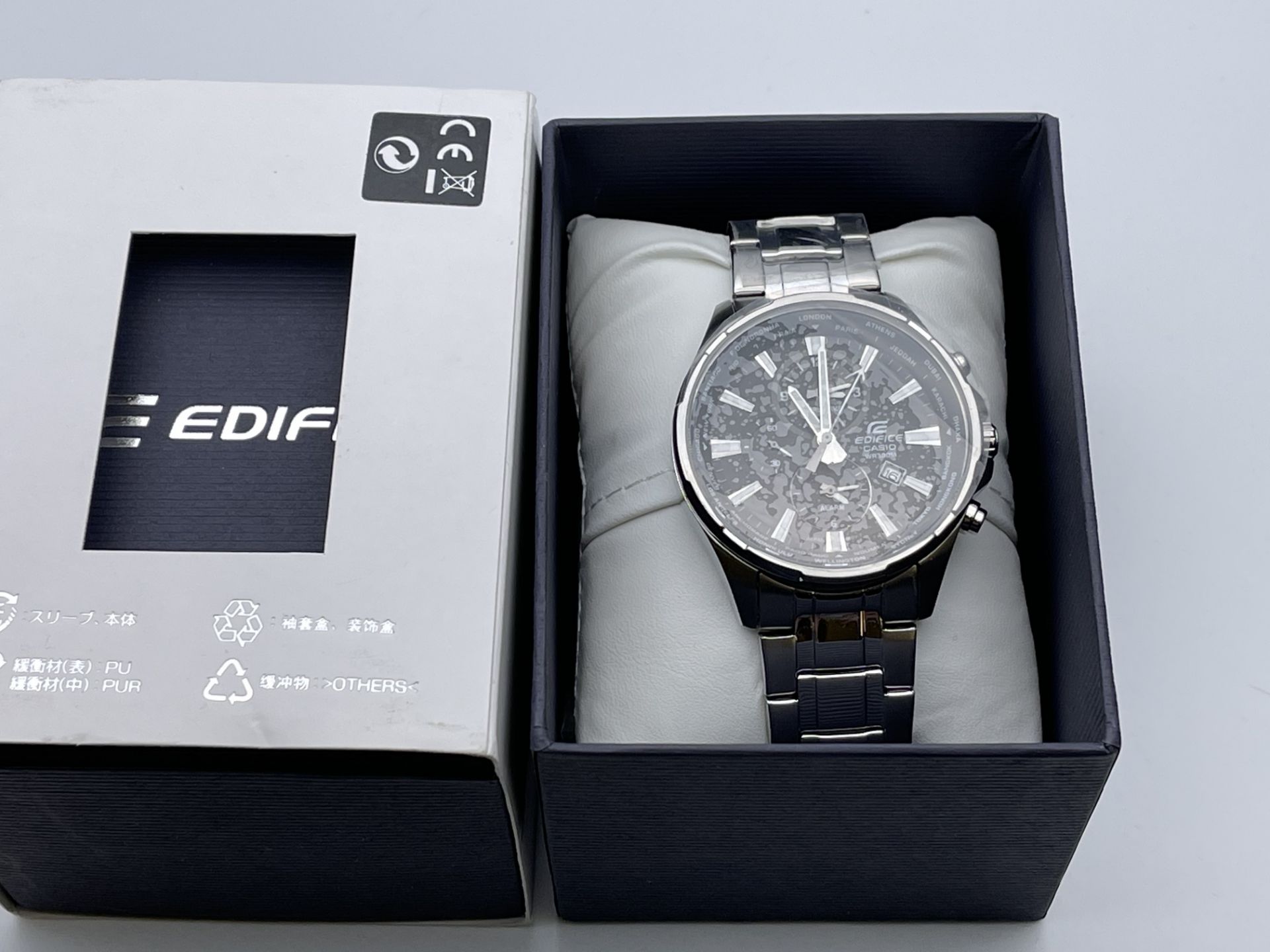 BOXED EDIFICE CASIO WR 100M, STAINLESS STEEL WATCH, APPEARS NEW, MODEL- EFR-304DY, RRP-£299. - Image 2 of 3