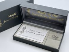 BOXED 9CT WHITE GOLD BAND SET WITH SINGLE DIAMOND, ''ALWAYS TOGETHER'' MADE IN THE JEWELLERY
