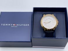 BOXED TOMMY HILGIGER WATCH, GOLD TONE CASE WITH LEATHER STRAP, MODEL- TH2341916Condition