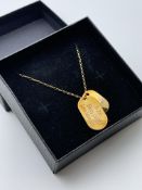 9CT YELLOW GOLD DOG TAGS AND 9CT GOLD CHAIN, RRP-£275.00, INSCRIBED ''TO ZAK HAPPY 18TH LOVE MUM