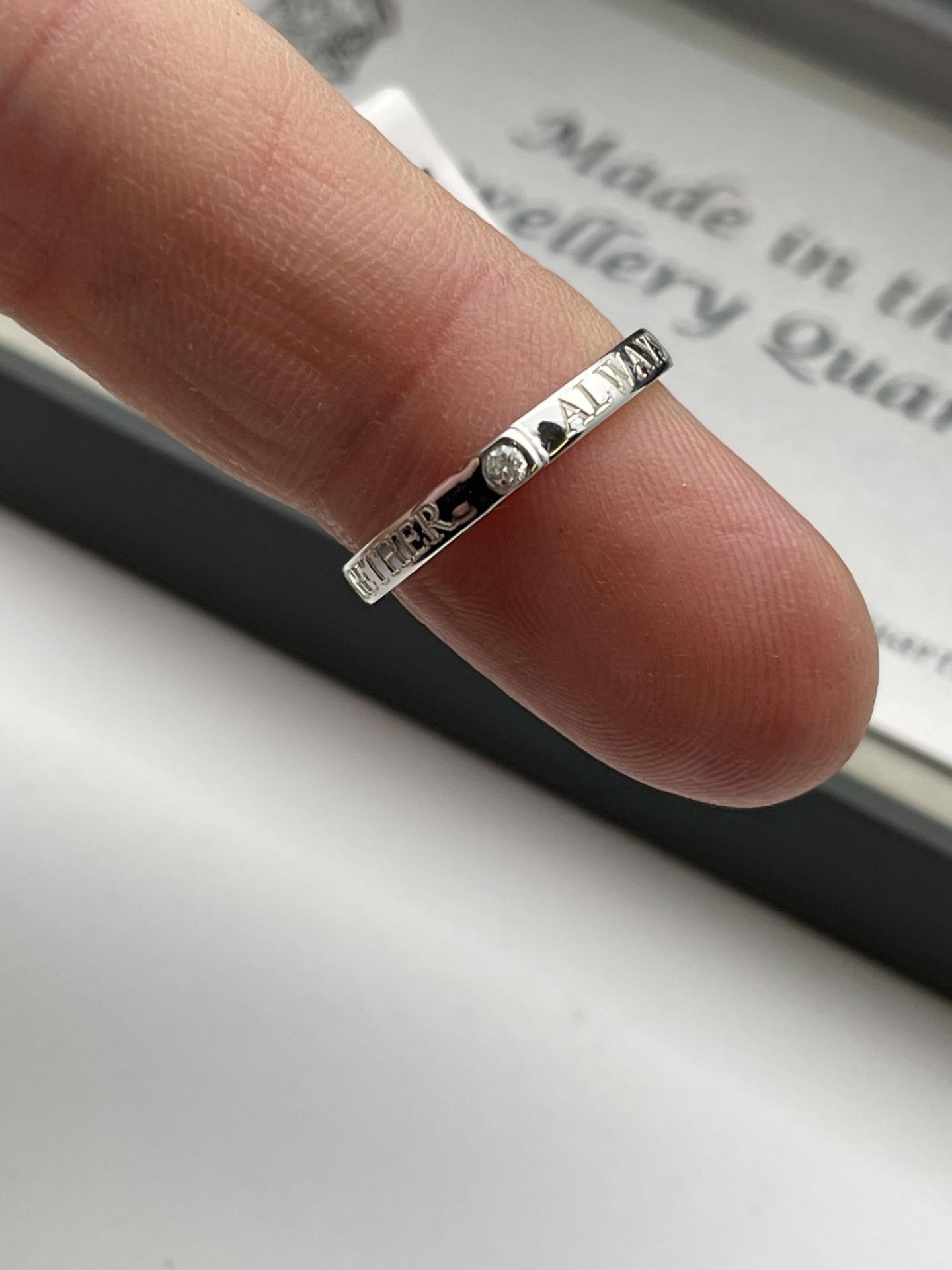 BOXED 9CT WHITE GOLD BAND SET WITH SINGLE DIAMOND, ''ALWAYS TOGETHER'' MADE IN THE JEWELLERY - Image 2 of 2