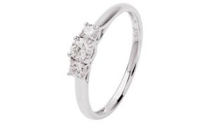 BOXED CHARLES AND COLVARD CREATED MOISSANITE THREE STONE RING, SET IN 9CT WHITE GOLD, EACH STONE
