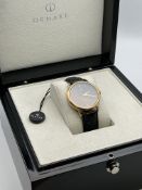 BOXED BRAND NEW GENTS LUXURY TIMEPIECE, MADE BY ORNAKE, GENUINE LEATHER STRAP, WITH SLATE GREY DIAL,