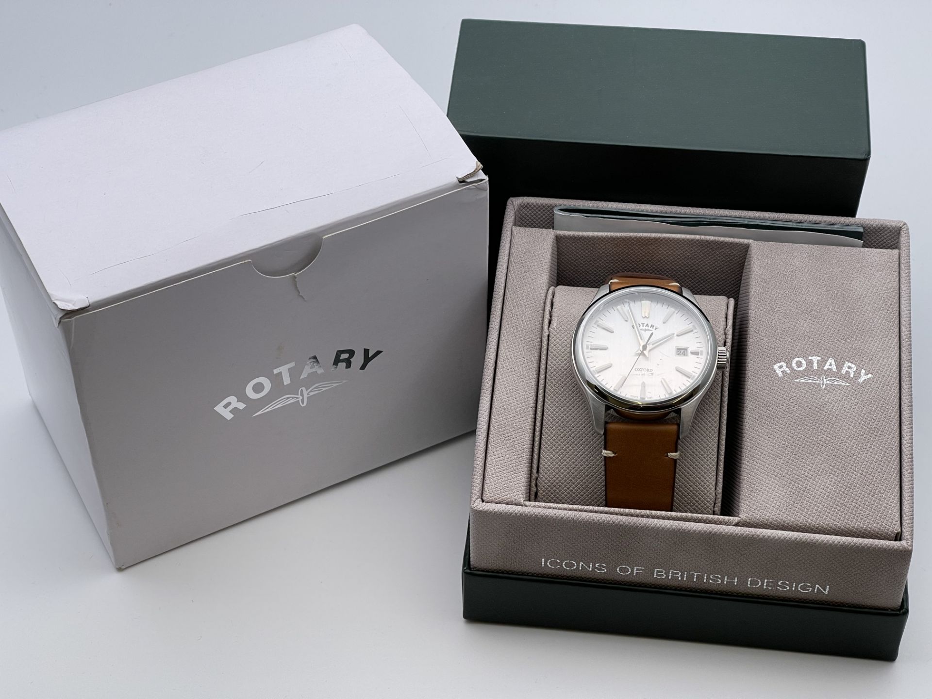 BOXED GENTS ROTARY WATCH, WITH BROWN LEATHER STRAP AND WHITE DIAL, MODEL- GS05092, RRP-£119.00, - Image 2 of 2