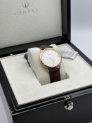 BOXED BRAND NEW GENTS LUXURY TIMEPIECE, MADE BY ORNAKE, GENUINE LEATHER STRAP, WITH SLATE GREY DIAL,
