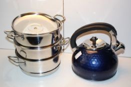 2X ASSORTED UNBOXED ITEMS TO INCLUDE WHISTLING KETTLE & 3 TIER STEAMER Condition ReportAppraisal