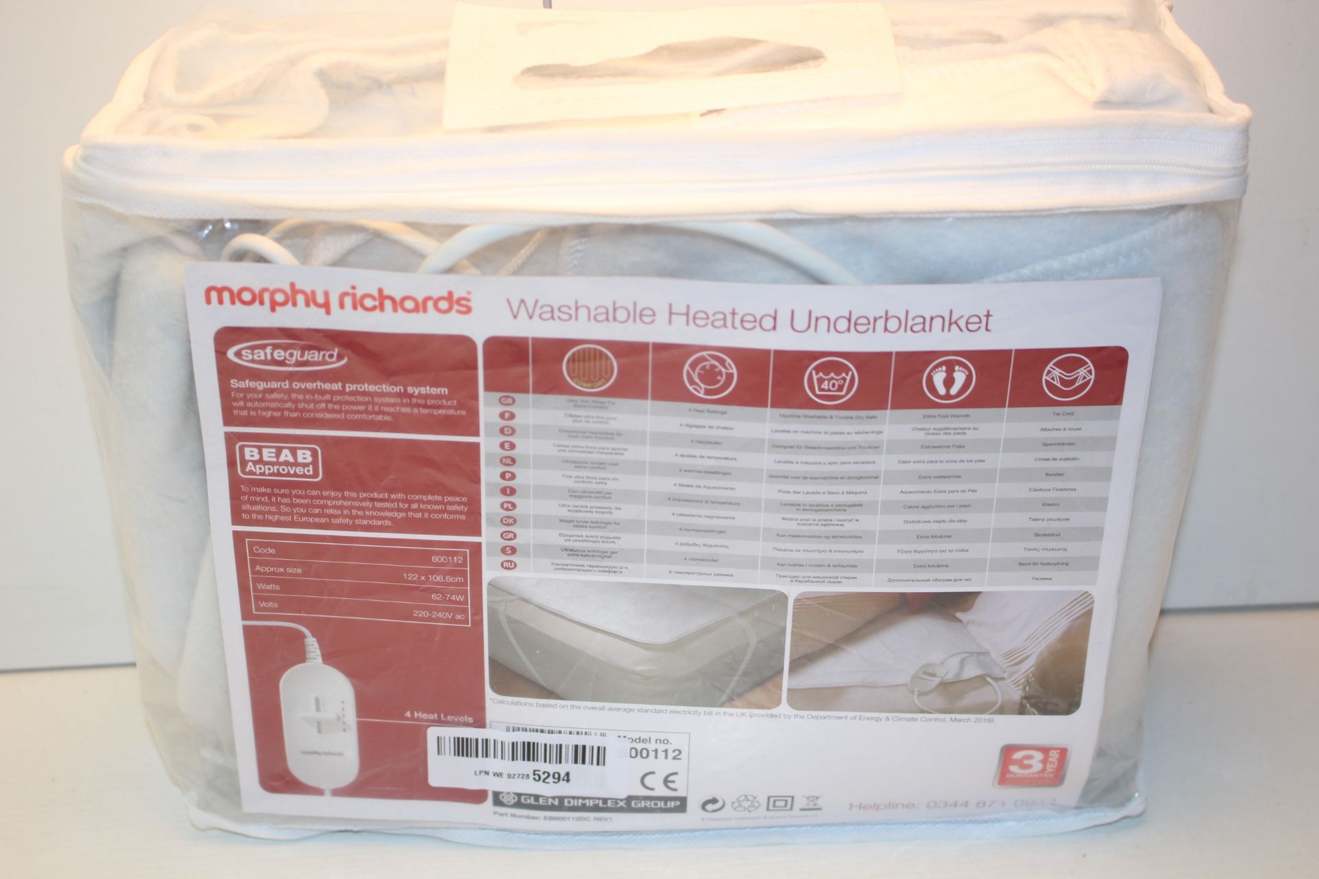 BAGGED MORPHY RICHARDS WASHABLE HEATED UNDER BLANKET RRP £29.99Condition ReportAppraisal Available