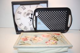 3X ASSORTED ITEMS TO INCLUDE BOXED WALL CLOCK SERVING TRAY AND CUSHIONED LAP TRAY Condition