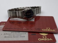 LADIES OMEGA CONSTELLATION, STAINLESS STEEL WITH BLACK DIAL, REF- 15624000, INCLUDES CARDS, NO