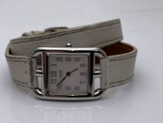 LADIES HERMES PARIS WATCH, STAINLESS STEEL CASE WITH DOUBLE WRAP WHITE LEATHER STRAP, 001.210 (354)