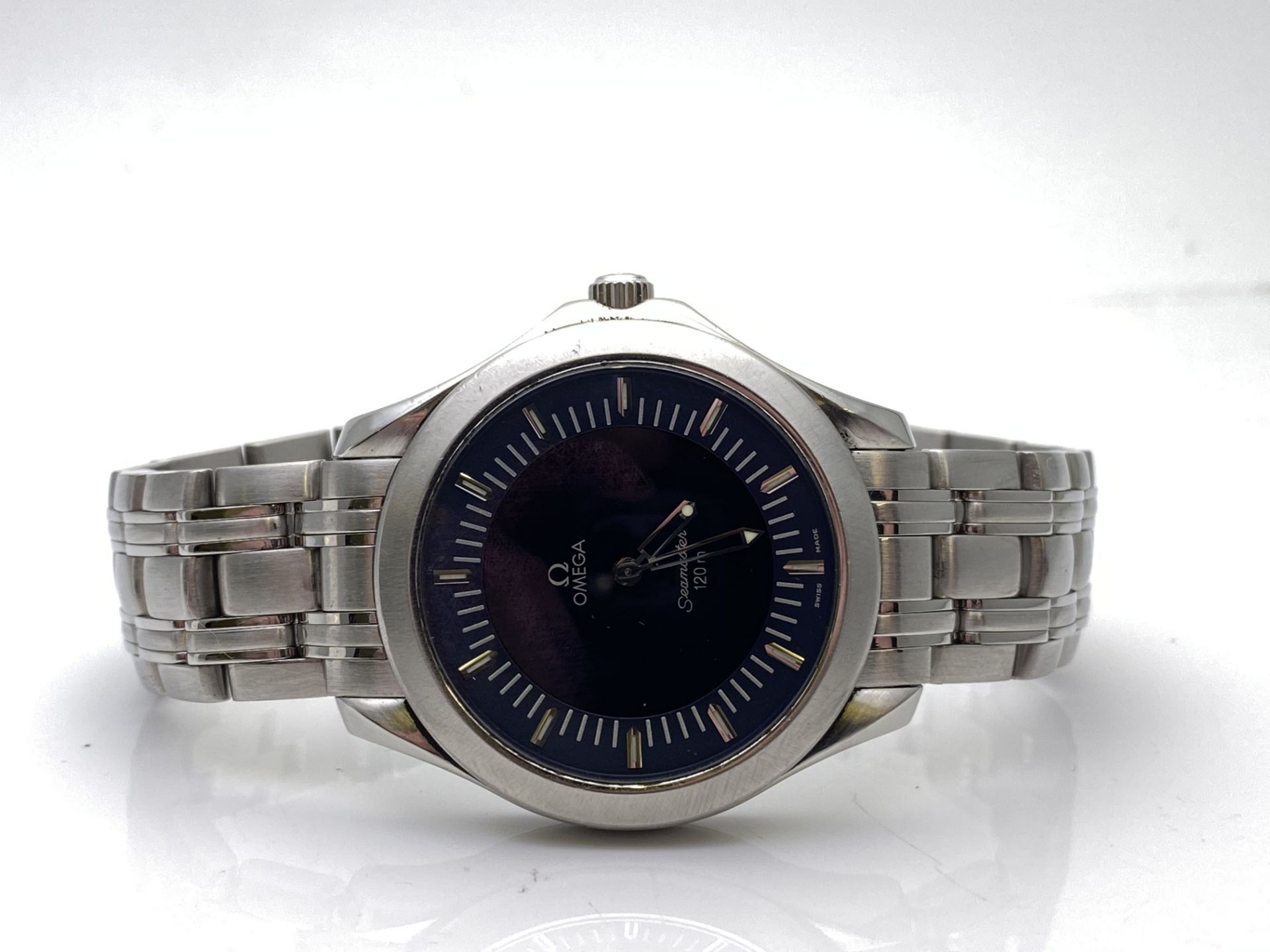 GENTS STAINLESS STEEL WITH 18CT YELLOW GOLD ON THE CLASP, OMEGA SEAMASTER, BLUE DIUAL, MODEL-