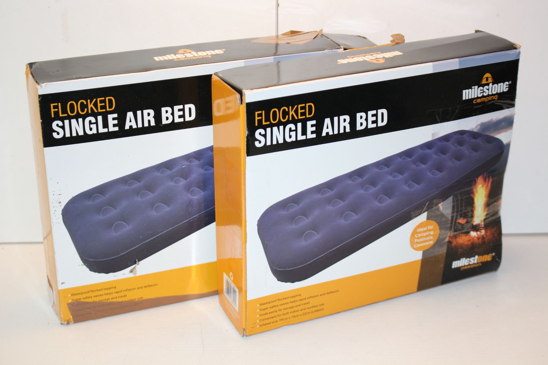 2X BOXED MILESTONE CAMPING FLOCKED SINGLE AIR BEDS RRP £30.00Condition ReportAppraisal Available