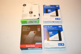4X ASSORTED BOXED ITEMS TO INCLUDE BELKIN, WD BLUE SOLID STATE DRIVES, & SAN DISK EXTREME PORTABLE