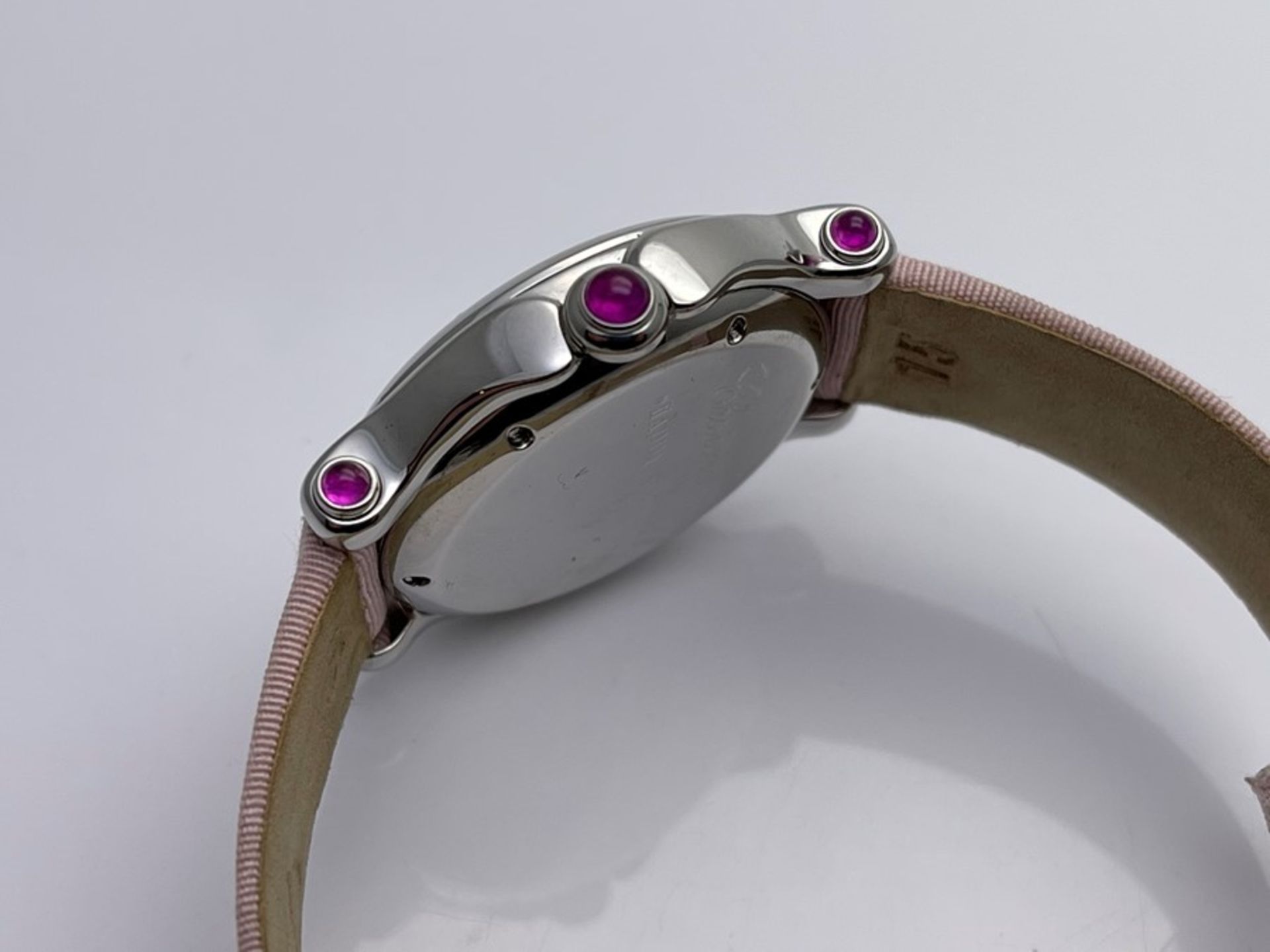 LADIES CHOPARD WATCH, HAPPY SPORT MODEL, DIAL- MOTHER OF PERL, DIAMOND BUCKLE, PINK STRAP, - Image 3 of 4