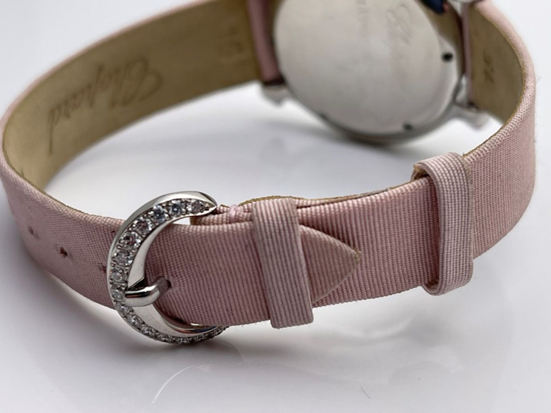 LADIES CHOPARD WATCH, HAPPY SPORT MODEL, DIAL- MOTHER OF PERL, DIAMOND BUCKLE, PINK STRAP, - Image 2 of 4