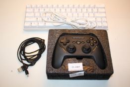 2X ASSORTED ITEMS TO INCLUDE WHITE DIERYA KEYBOARD & STEELSERIES GAME CONTROLLER (IMAGE DEPICTS