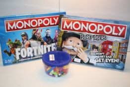 3X BOXED ASSORTED ITEMS TO INCLUDE MONOPOLY FORTNITE & SORE LOSERS (IMAGE DEPICTS STOCK)Condition