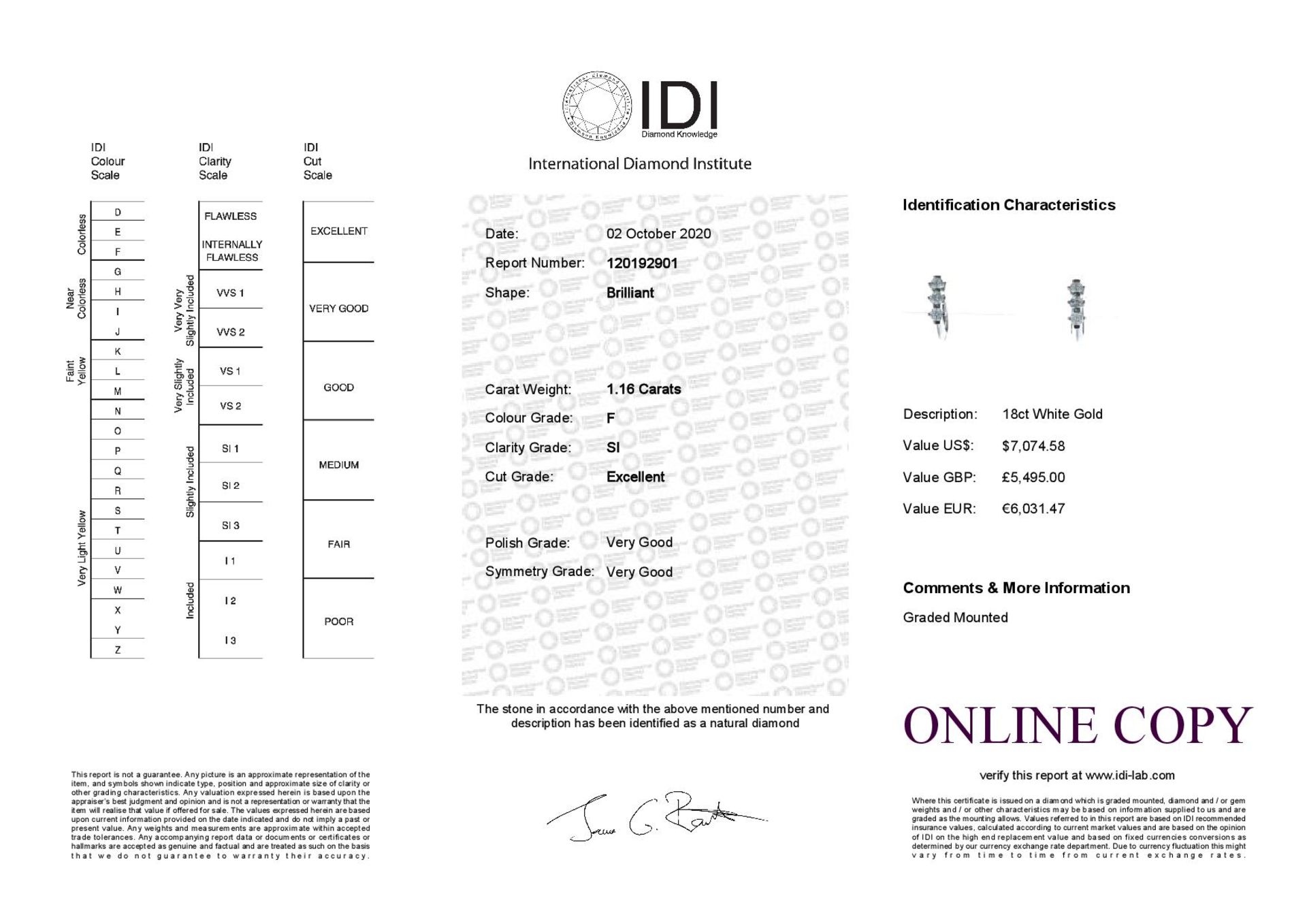 18ct White Gold Three Stone Claw Set Diamond Earring 1.16 Carats - Valued by IDI £5,495.00 - 18ct - Image 4 of 4