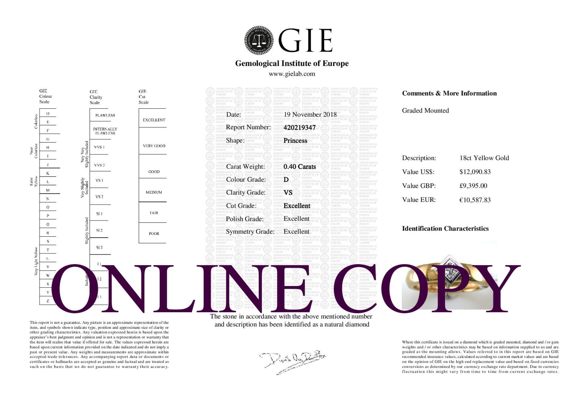 18ct Single Stone Princess Cut Rub Over Diamond Ring 0.40 Carats - Valued by GIE £9,395.00 - A - Image 5 of 5