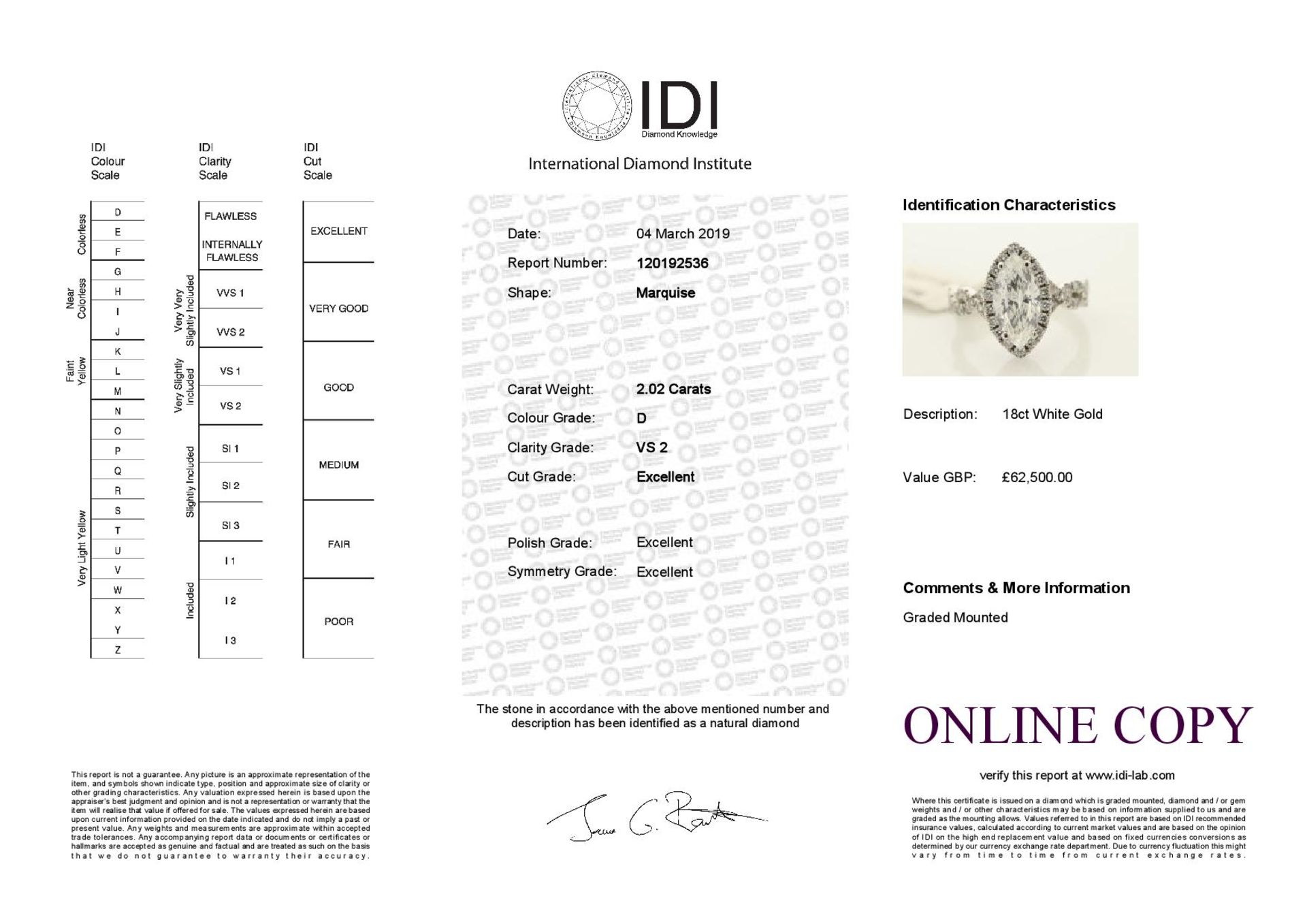 18ct White Gold Single Stone With Halo Setting Ring 2.02 Carats - Valued by IDI £62,500.00 - A - Image 5 of 5