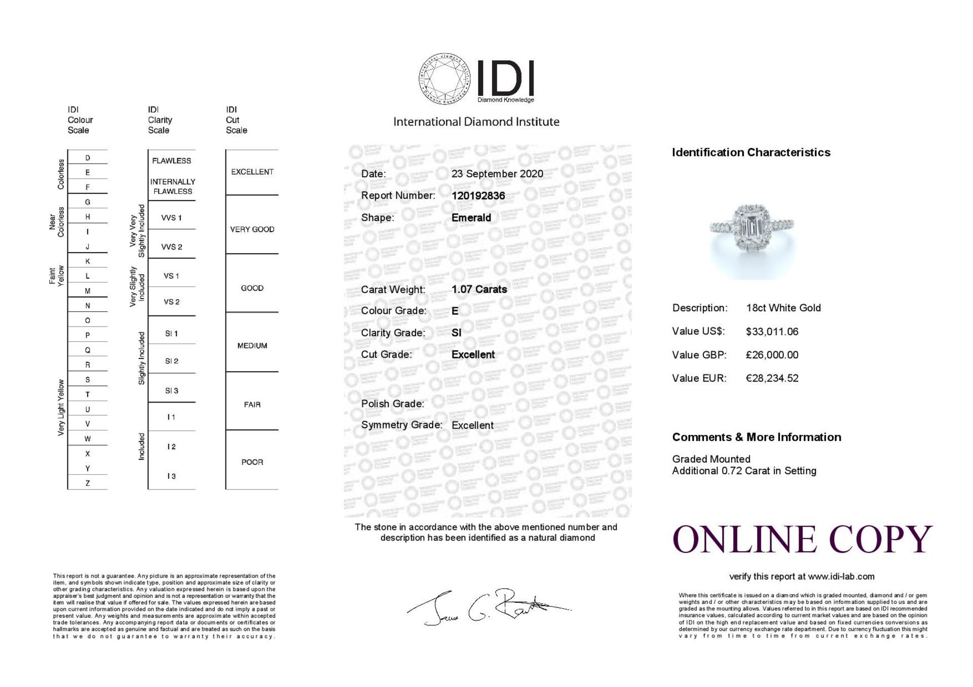 18ct White Gold Single Stone With Halo Setting Ring 1.79 (1.07) Carats - Valued by IDI £26,000. - Image 5 of 5