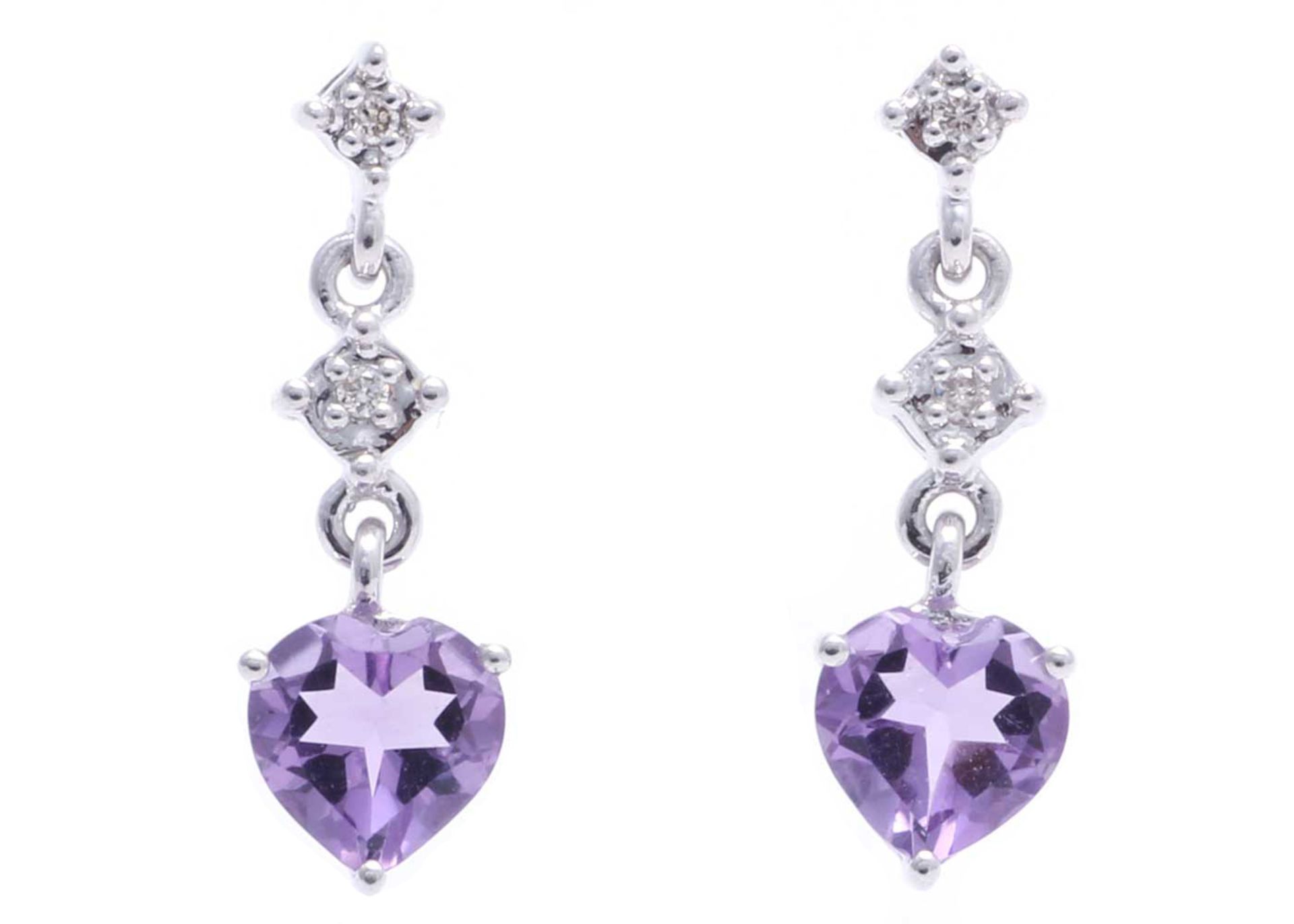 9ct White Gold Amethyst Heart Shape Diamond Earring 0.02 Carats - Valued by GIE £1,145.00 - These