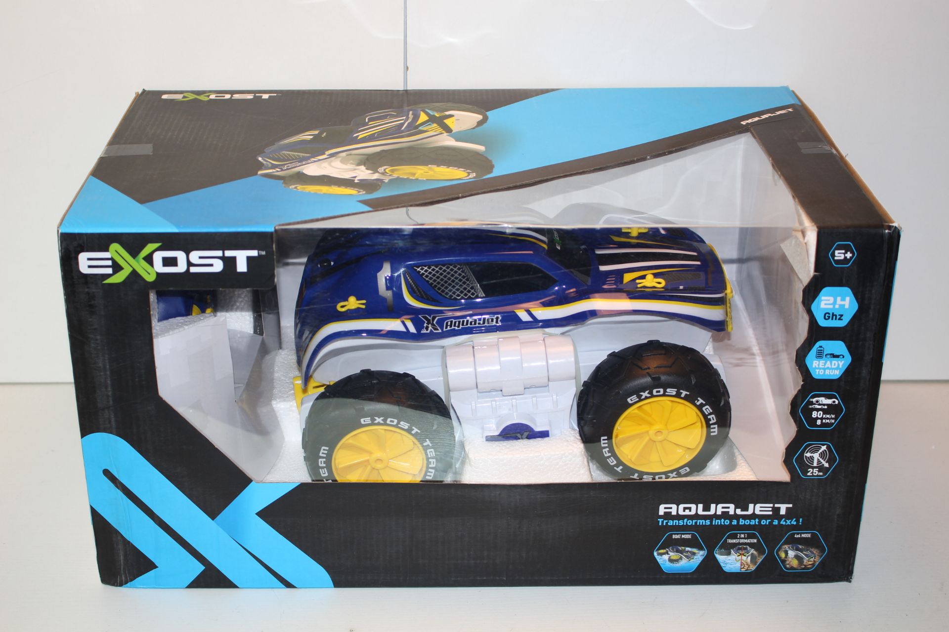 BOXED EXOST AQUA JET VEHICLE TRANSFORMS INTO A BOAT OR A 4X4 RRP £69.99Condition ReportAppraisal