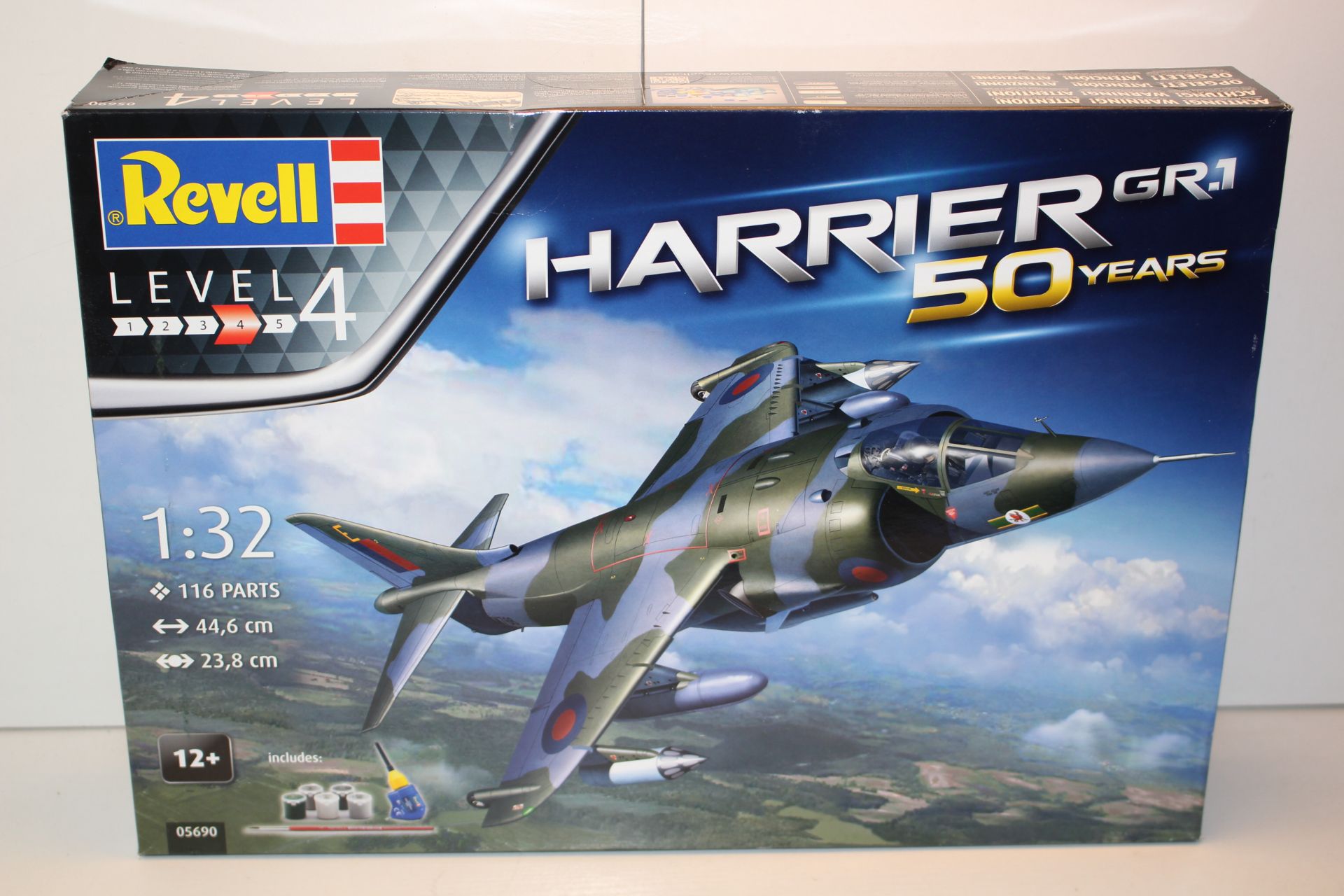 BOXED REVELL LEVEL 4 1:32 SCALE HARRIER GR.1 50 YEARS 05690 RRP £23.95Condition ReportAppraisal