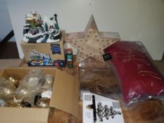 1 LOT TO CONTAIN AN ASSORTMENT OF CHRISTMAS DECORATIONS TO INCLUDE LED WINTER SCENE, STARS, BAUBLES,