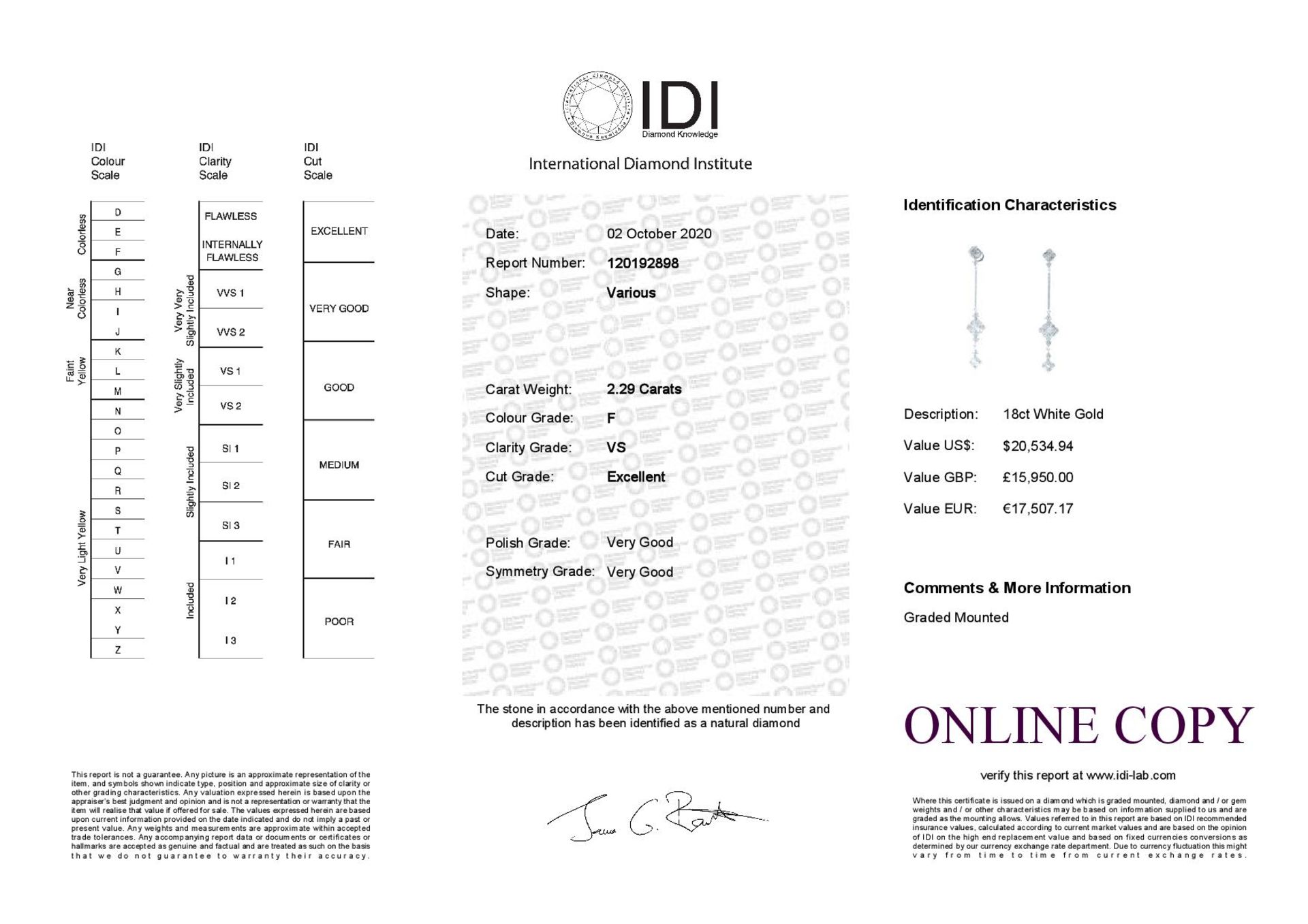 18ct White Gold Diamond Drop Earrings 2.29 Carats - Valued by IDI £15,950.00 - 18ct White Gold - Image 4 of 4