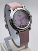 LADIES CHOPARD WATCH, HAPPY SPORT MODEL, DIAL- MOTHER OF PERL, DIAMOND BUCKLE, PINK STRAP,