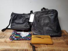 X 4 NEXT BAGS/PURSES TO INCLUDE SIGNATURE LEATHER BLACK OVER SHOULDER BAG, MUSTARD PURSE + OTHERS
