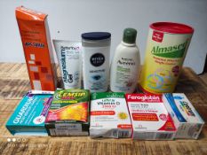 X10 ASSORTED ITEMS TO INCLUDE, AVEENO, MAGNESIUM GEL, ALMASED WEIGHT CONTROL POWDER AND