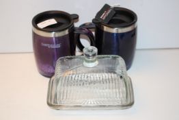 3X ASSORTED ITEMS TO INCLUDE GLASS BUTTER URN, 2X THERMOS MUGS (IMAGE DEPICTS STOCK)Condition