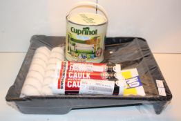 5X ASSORTED ITEMS TO INCLUDE CUPRINOL GARDEEN SHADES NATURAL STONE, DECORATORS CAULK & ROLLER SET