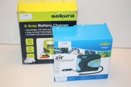 2X BOXED ASSORTED ITEMS TO INCLUDE RING AIR COMPRESSOR & SAKURA 8AMP BATTERY CHARGER (IMAGE