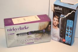 2X BOXED ASSORTED ITEMS TO INCLUDE BRAUN ALL-IN-ONE TRIMMER & NICKY CLARKE FRIZZ CONTROL HAIR STYLER