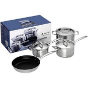 BOXED LE CREUSET 3-PLY STAINLESS STEEL 4PIECE COOKWARE SET RRP £395.95Condition ReportAppraisal