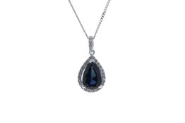 18ct White Gold Pear Shape Sapphire In Diamond Halo Setting Pendant (p 2.35) 0.18 Carats - Valued by