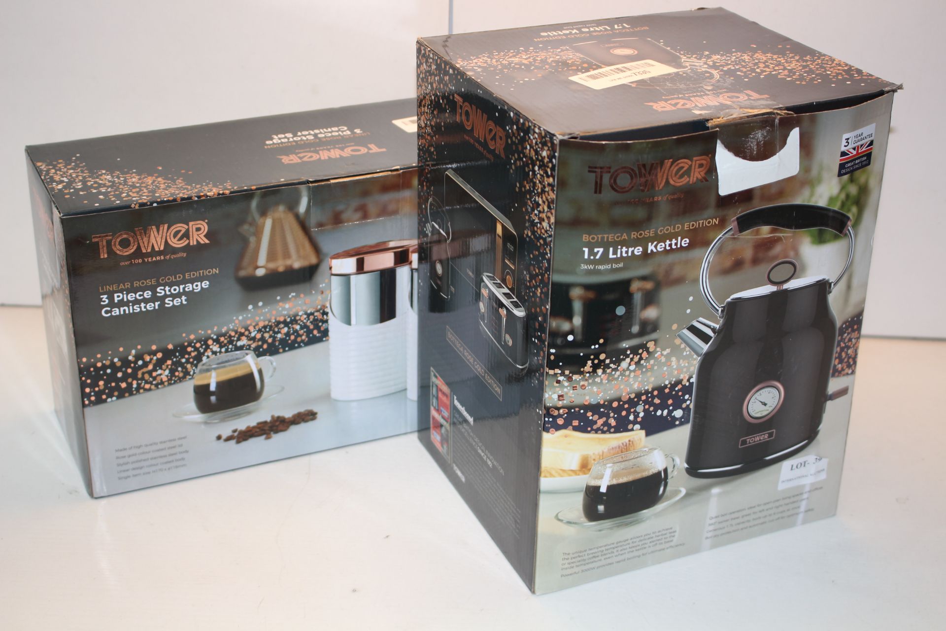 2X BOXED ASSORTED TOWER ITEMS TO INCLUDE JUG KETTLE & 3 PIECE STORAGE CANISTER SET (IMAGE DEPICTS