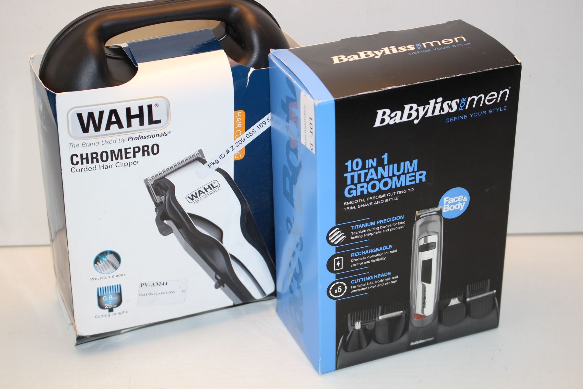 2X BOXED ASSORTED ITEMS TO INCLUDE WAHL CHROMEPRO CORDED HAIR CLIPPER & BABYLISS FOR MEN 10-IN-1