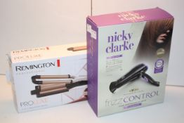 2X BOXED ASSORTED ITEMS TO INCLUDE NICKY CLARKE FRIZZ CONTROL DRYER & REMINGTON PRO LUXE 4-IN-1