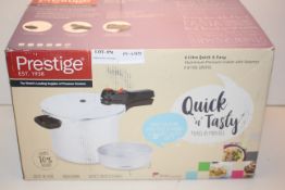 BOXED PRESTIGE 6 LITRE QUICK & EASY ALUMINIUM PRESSURE COOKER WITH STEAMER RRP £44.99Condition