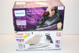 2X BOXED ASSORTED IRONS TO INCLUDE MORPHY RICHARDS COMFIGRIP DUAL STEAM IRON RRP £37.89 & PHILIPS