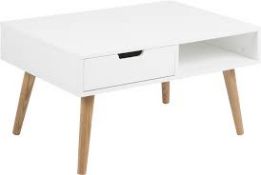 BOXED MITRA COFFEE TABLE WOOD WHITE DRAWERS OAK LEGS RRP £140.00Condition ReportAppraisal