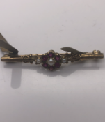 9 carat Antique Gold Brooch set with Rubies and Pearls