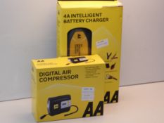 2X BOXED ASSORTED AA ITEMS TO INCLUDE DIGITAL AIR COMPRESSOR & 4A INTELLIGENT BATTERY